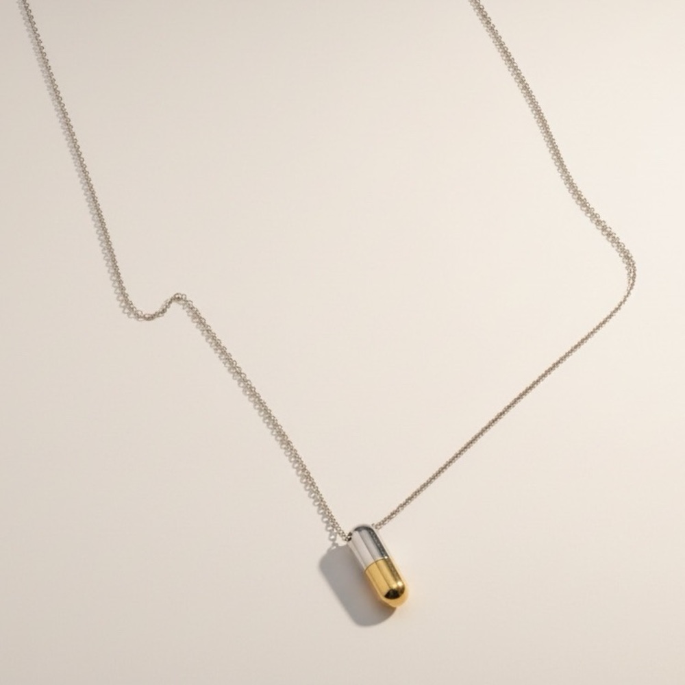 Two-Tone Capsule Pendant Necklace Real Gold & Silver Minimal Pill Charm Necklace - Picture 3 of 3